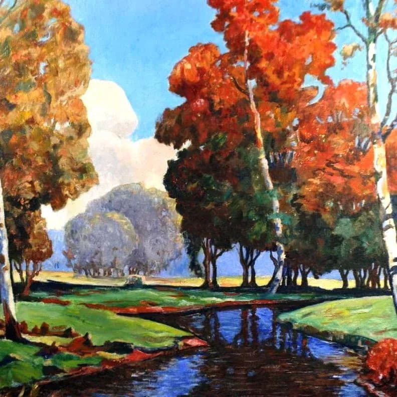Signed Expressionist Framed Oil Painting Depicting Fall Country Brook in Vivid Colors Circa 1970s - Thumbnail 9