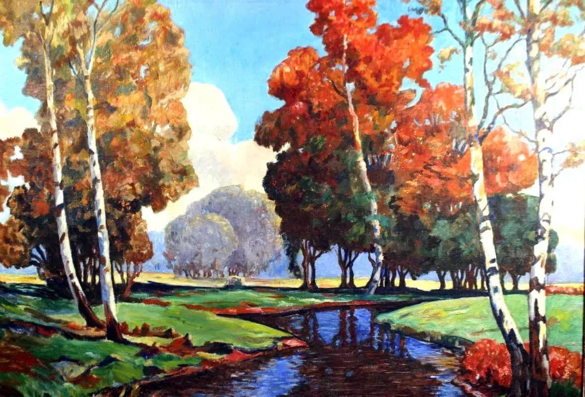Signed Expressionist Framed Oil Painting Depicting Fall Country Brook in Vivid Colors Circa 1970s - Thumbnail 7