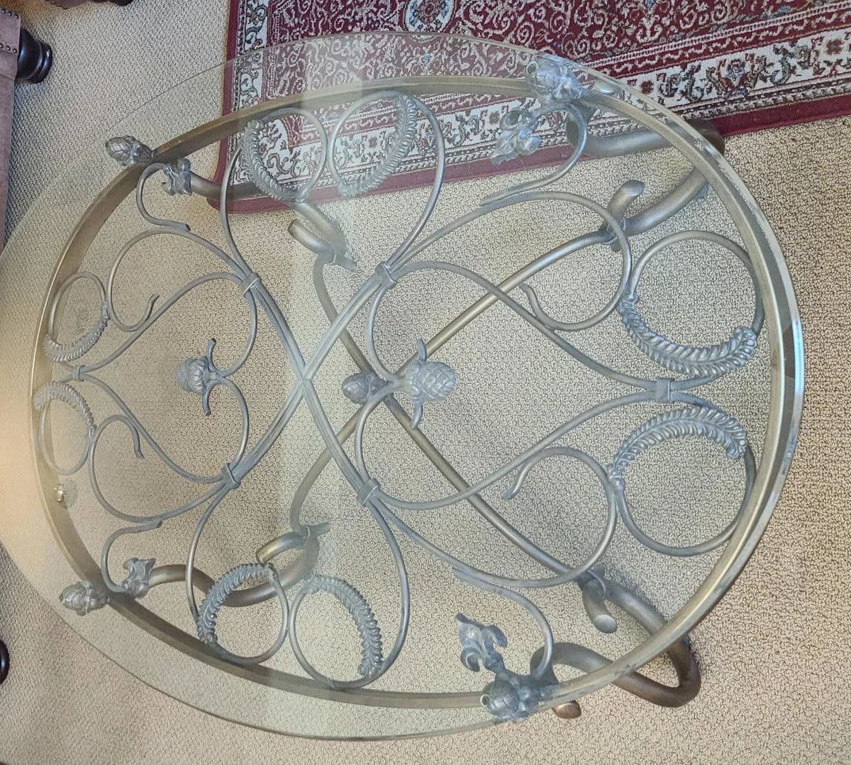 1990a Rustic Hand Wrought Iron & Tempered Glass Large Oval Coffee Table - Thumbnail 5