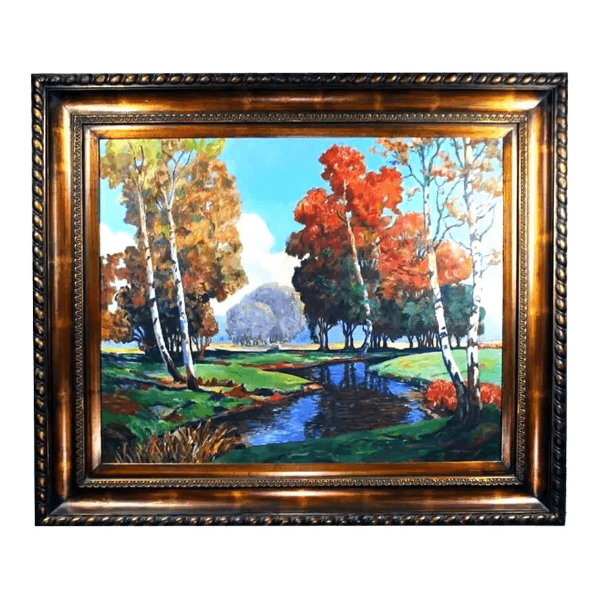 Signed Expressionist Framed Oil Painting Depicting Fall Country Brook in Vivid Colors Circa 1970s - Thumbnail 2