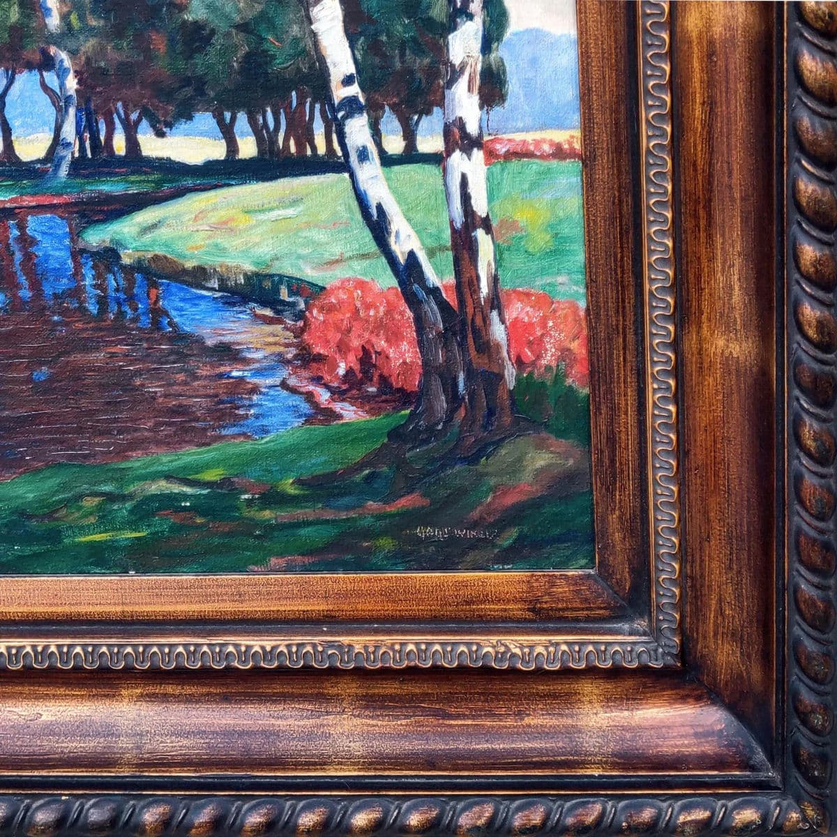 Signed Expressionist Framed Oil Painting Depicting Fall Country Brook in Vivid Colors Circa 1970s - Thumbnail 6