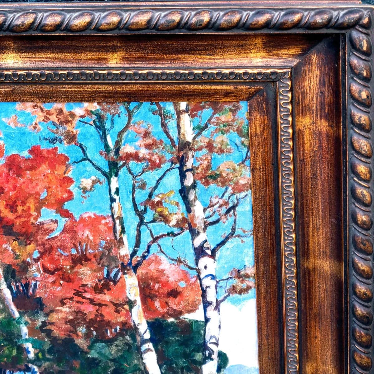 Signed Expressionist Framed Oil Painting Depicting Fall Country Brook in Vivid Colors Circa 1970s - Thumbnail 4