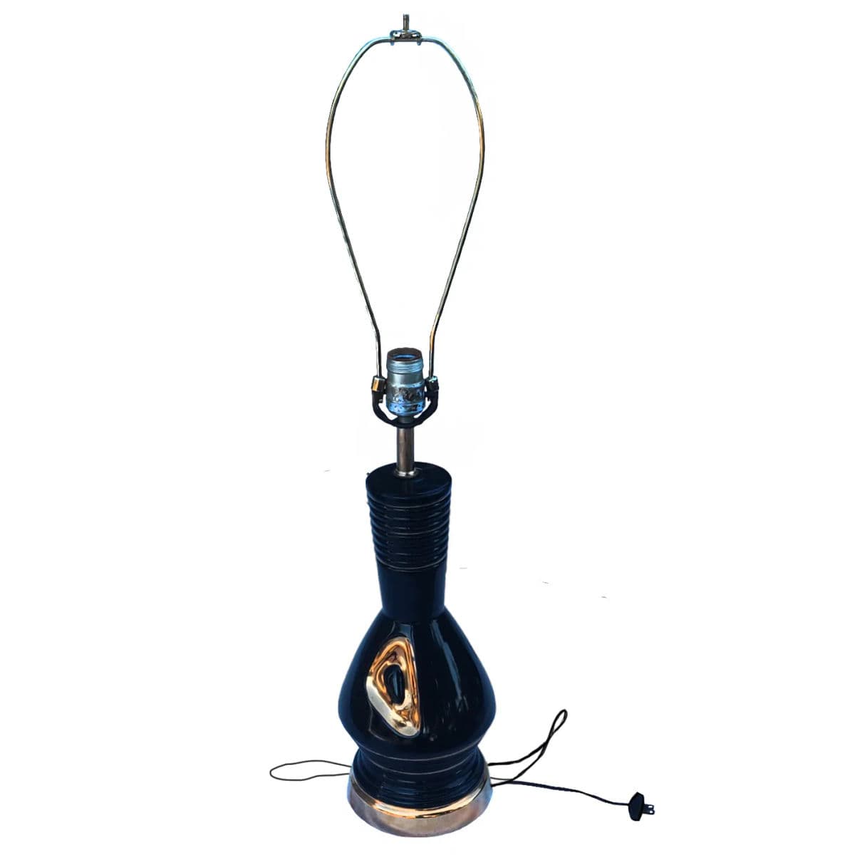 1940s Mid Mod Atiomic Gloss Black and Gold Ceramic Table Lamp - Thumbnail 3