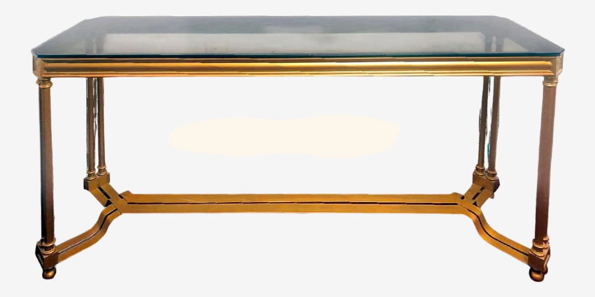 Hollywood Regency Gilded Metal Console Table With Smoked Glass Octo Cut Top - Image 1