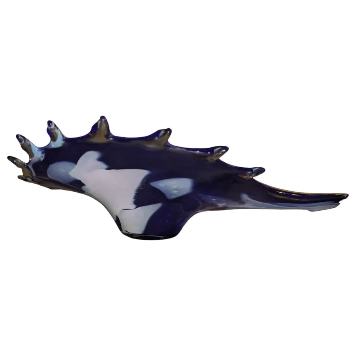 1980s Large Polish Blue and White Swirled Hand Blown Conch Shell Shaped Centerpiece Bowl - Thumbnail 6