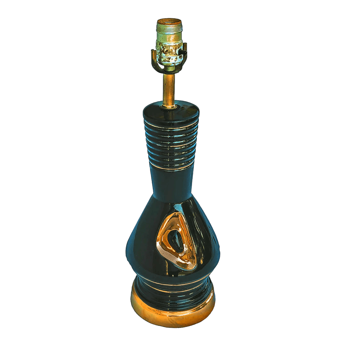 1940s Mid Mod Atiomic Gloss Black and Gold Ceramic Table Lamp - Thumbnail 2