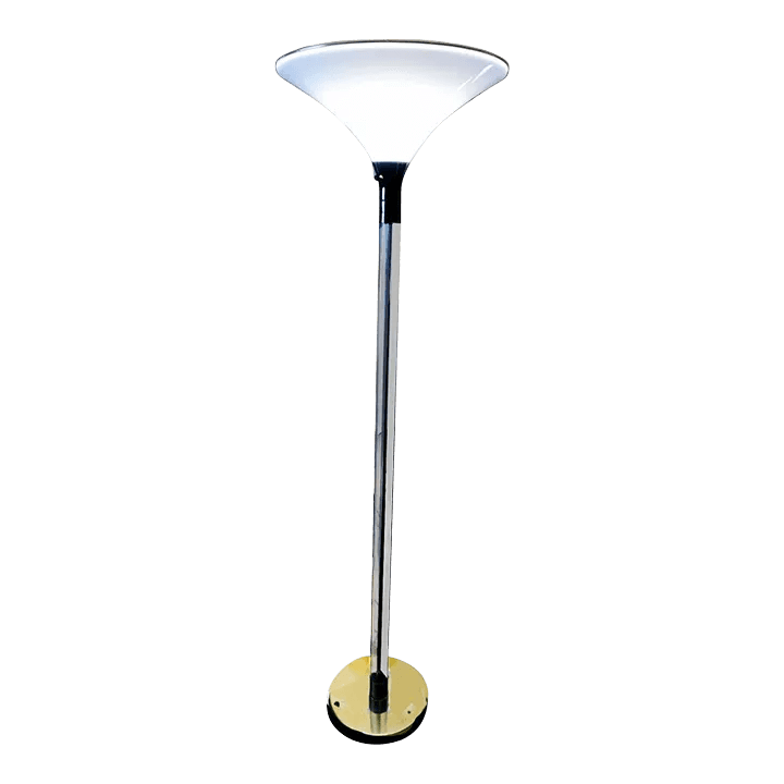 1980s Postmodern Lucite and Brass Lucite Torchiere With Wide Brim Acrylic Saucer Shade - Thumbnail 2