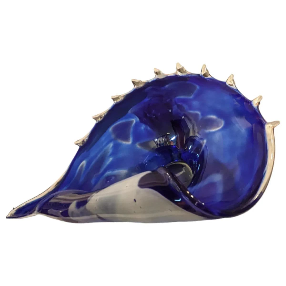 1980s Large Polish Blue and White Swirled Hand Blown Conch Shell Shaped Centerpiece Bowl - Thumbnail 3