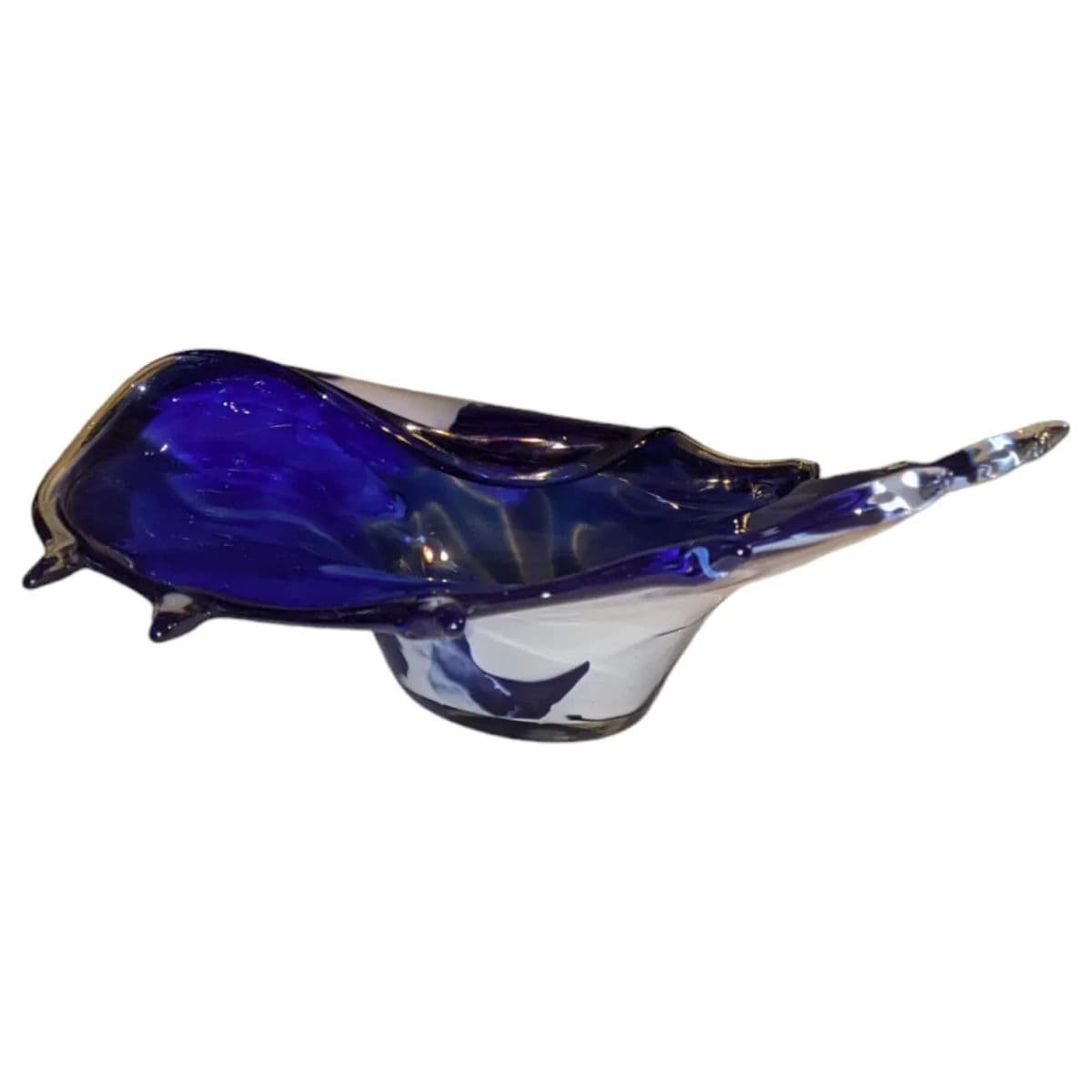 1980s Large Polish Blue and White Swirled Hand Blown Conch Shell Shaped Centerpiece Bowl - Thumbnail 10
