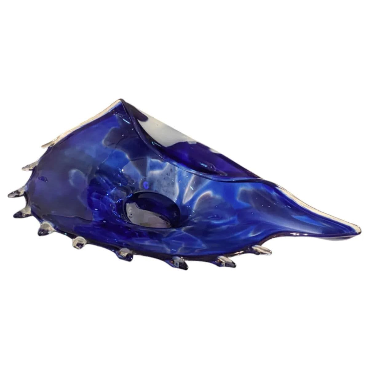 1980s Large Polish Blue and White Swirled Hand Blown Conch Shell Shaped Centerpiece Bowl - Thumbnail 11
