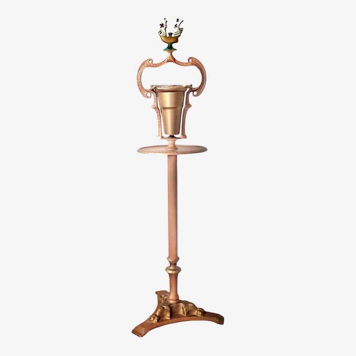 Whimsical Art Deco Painted Cast Iron Standing Ashtray With Stylized Sailing Ship Finial - Image 1