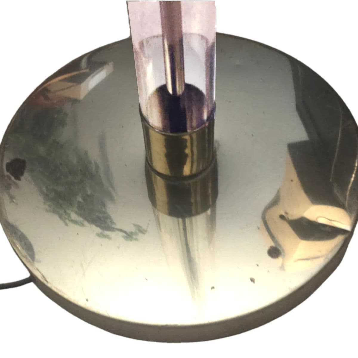 1980s Postmodern Lucite and Brass Lucite Torchiere With Wide Brim Acrylic Saucer Shade - Thumbnail 11