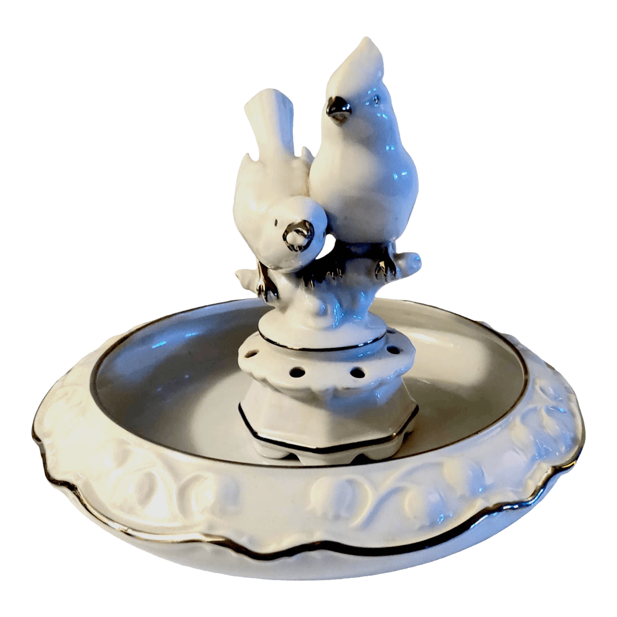 Dresden & Gerold Porzellan Bavaria Silver Trimmed Bird Bath Flower Frog 2 Piece Centerpiece - Thumbnail 2