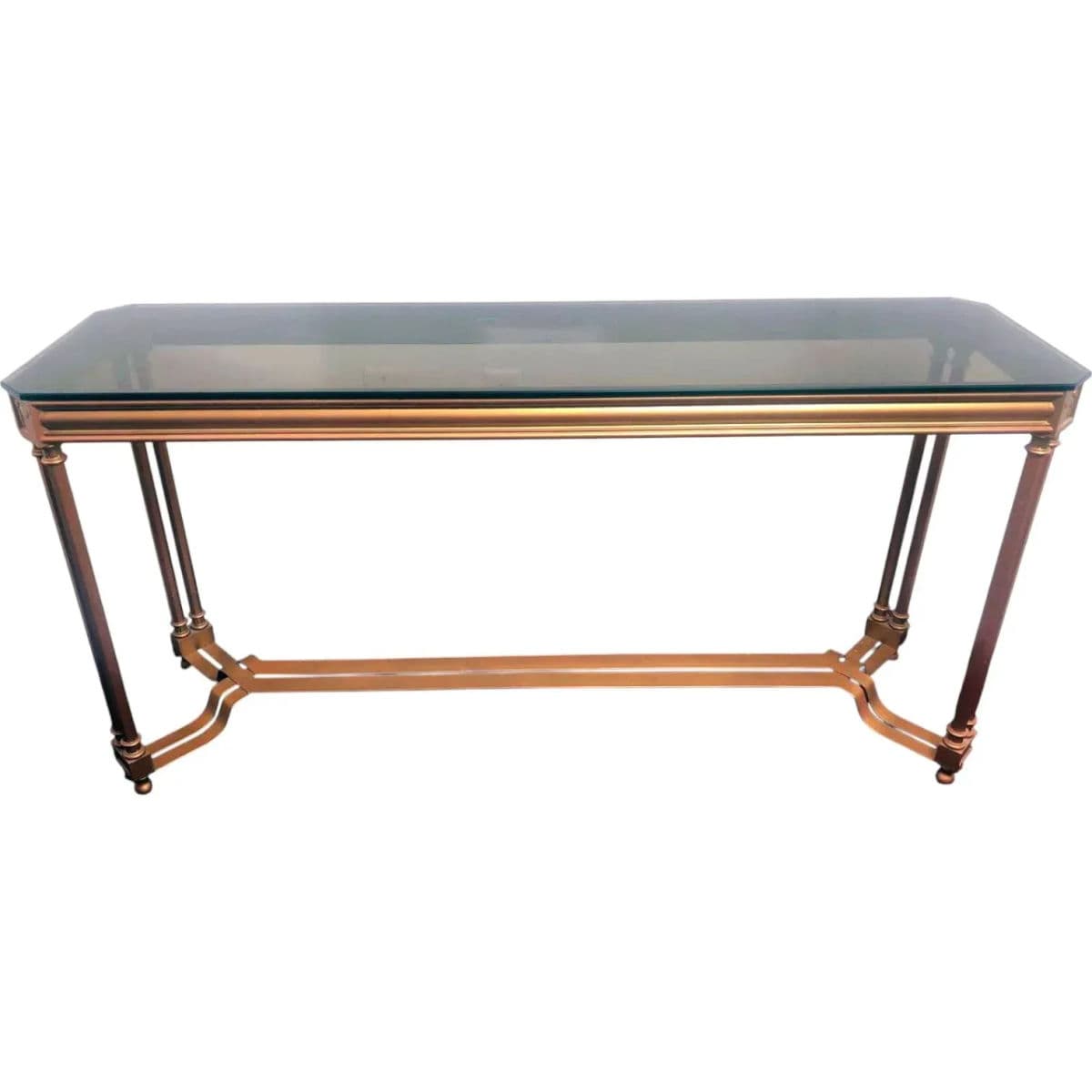 Hollywood Regency Gilded Metal Console Table With Smoked Glass Octo Cut Top - Thumbnail 3