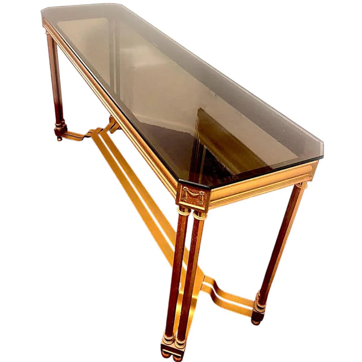 Hollywood Regency Gilded Metal Console Table With Smoked Glass Octo Cut Top - Thumbnail 5