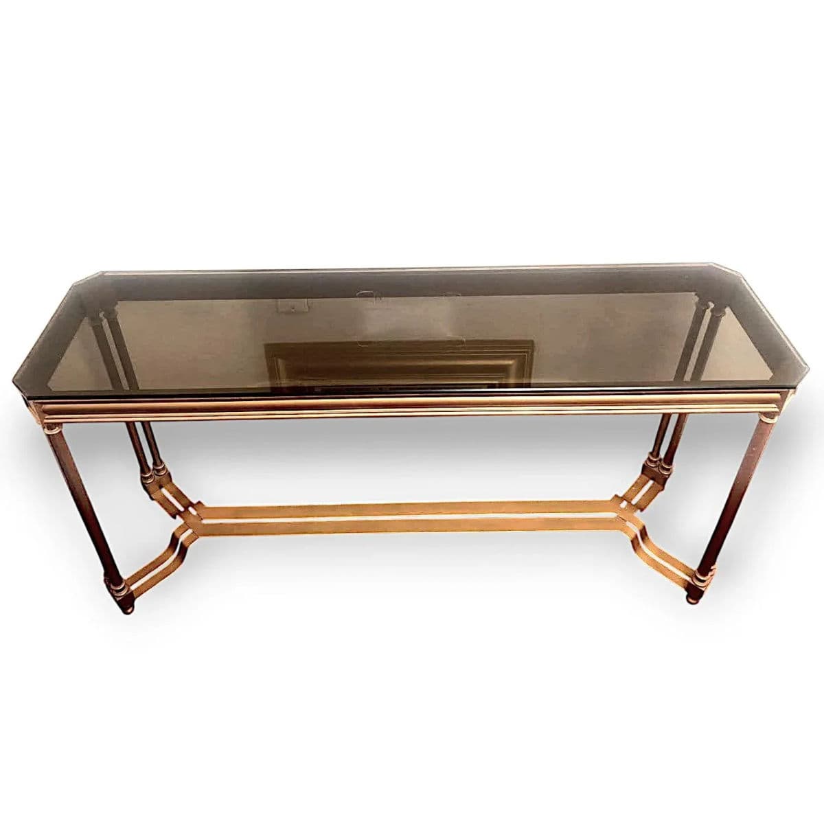 Hollywood Regency Gilded Metal Console Table With Smoked Glass Octo Cut Top - Thumbnail 4