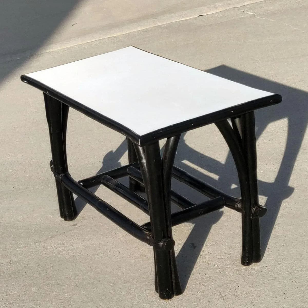Black Rattan Rectangular Two Tiered White Formica Topped Side Coffee Table - Thumbnail 3