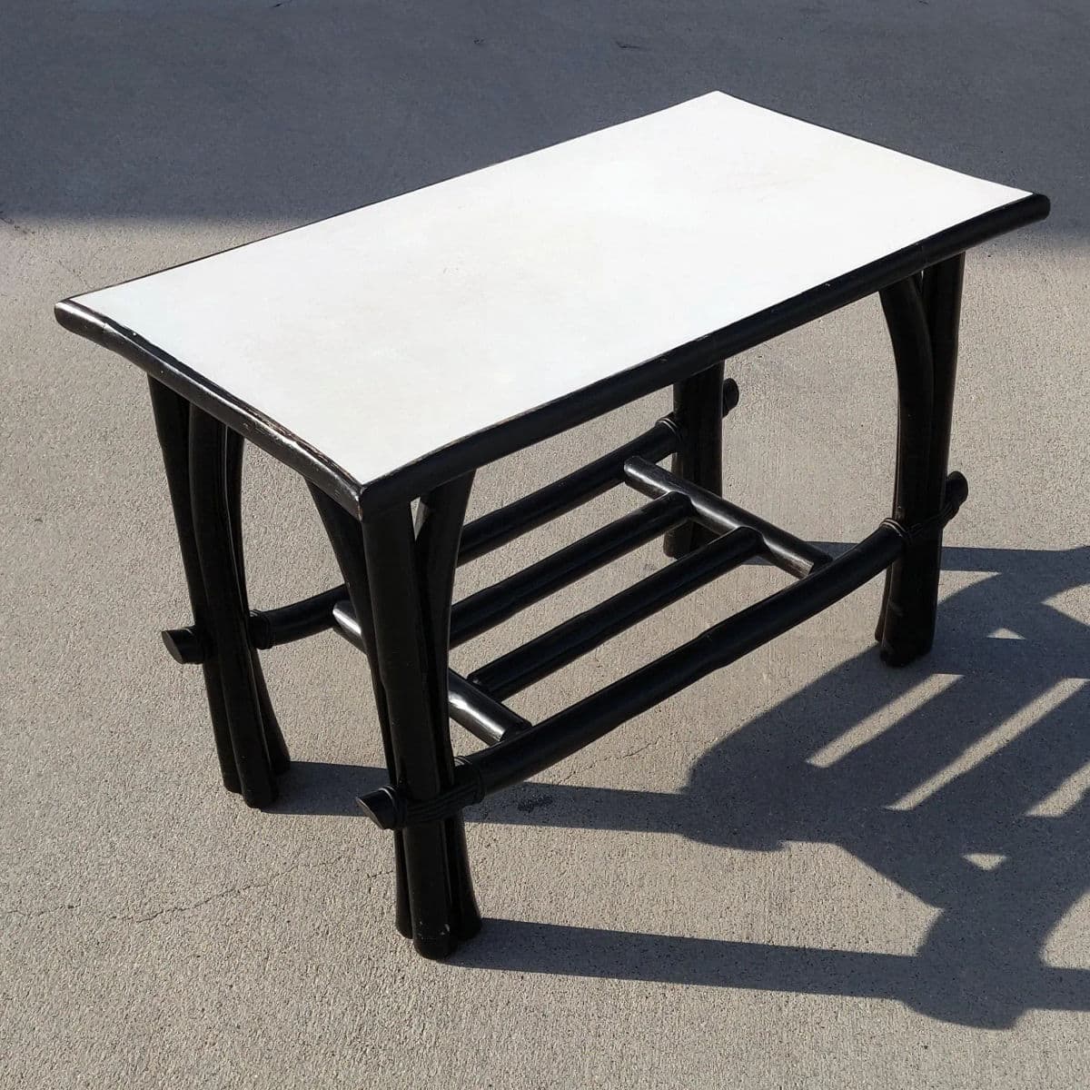 Black Rattan Rectangular Two Tiered White Formica Topped Side Coffee Table - Thumbnail 8