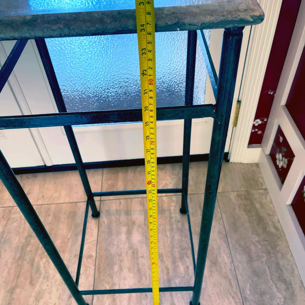 80's Tall Solid Painted Iron Metal Square Side Table With Removable Beveled Marble Top - Thumbnail 8