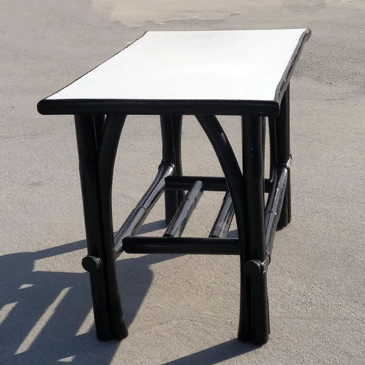 Black Rattan Rectangular Two Tiered White Formica Topped Side Coffee Table - Thumbnail 4