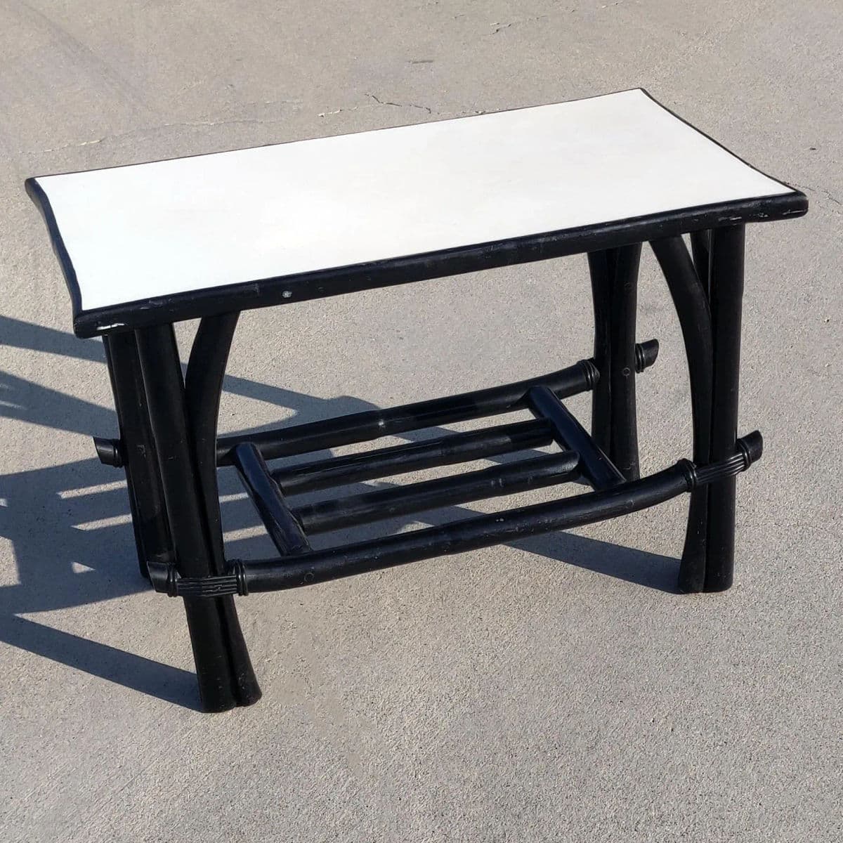 Black Rattan Rectangular Two Tiered White Formica Topped Side Coffee Table - Thumbnail 6