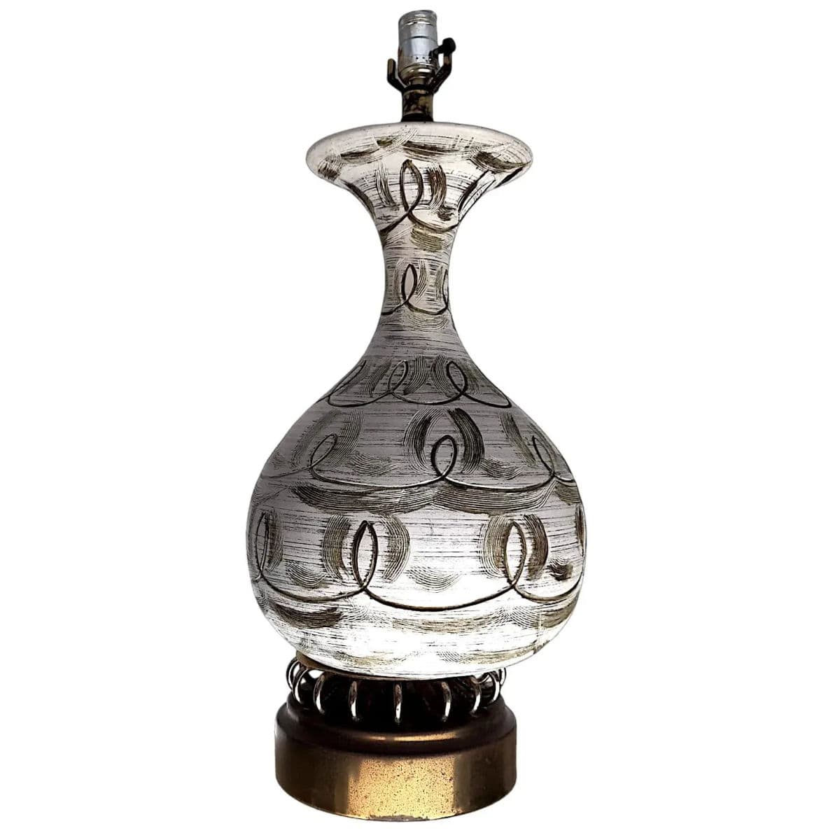 1970s Mid-Century Danish Modern Olive on Cream Sgraffito Ceramic and Brass Table Lamp - Thumbnail 3