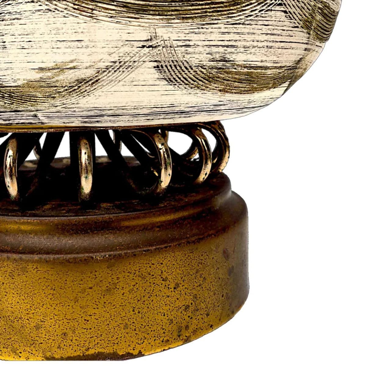 1970s Mid-Century Danish Modern Olive on Cream Sgraffito Ceramic and Brass Table Lamp - Thumbnail 6