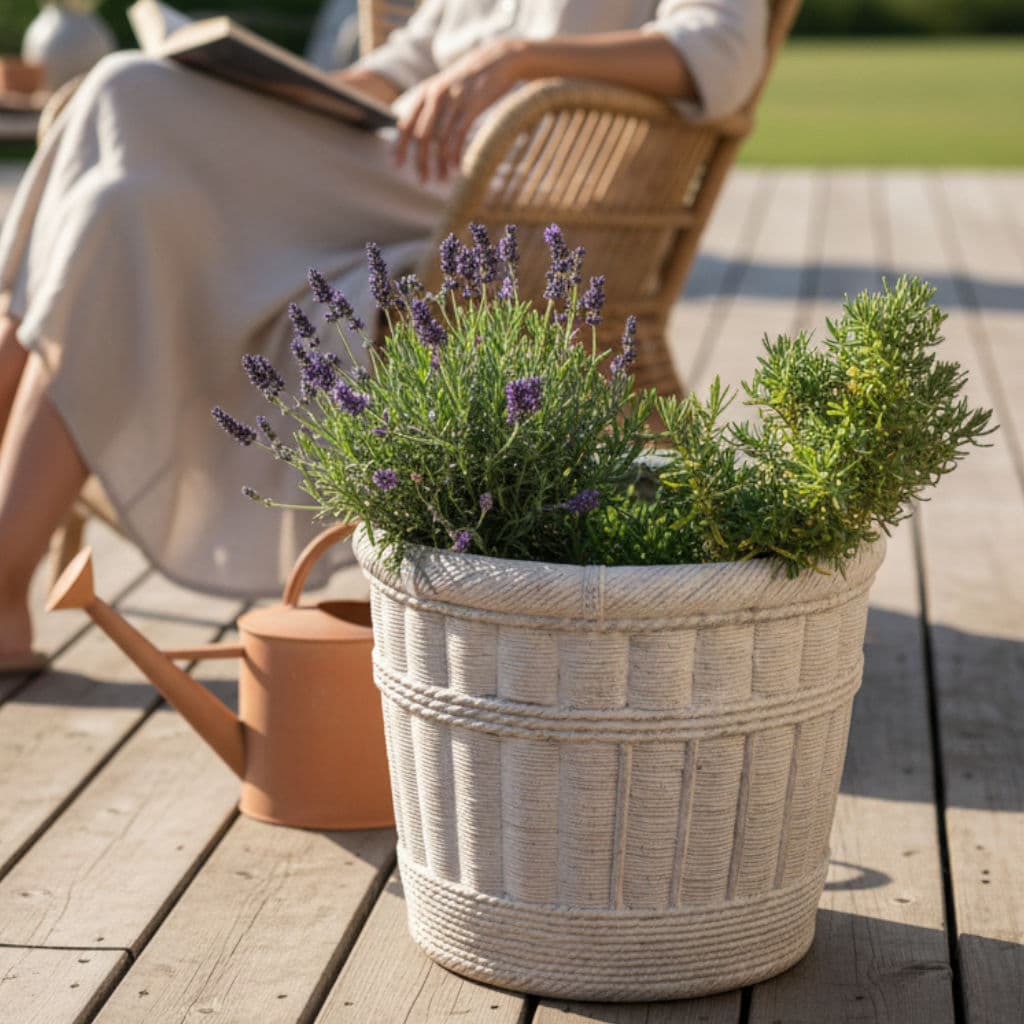 Large Pale Gray Cement Planter in the Shape of a Double Handled Wicker Gathering Basket - Thumbnail 9