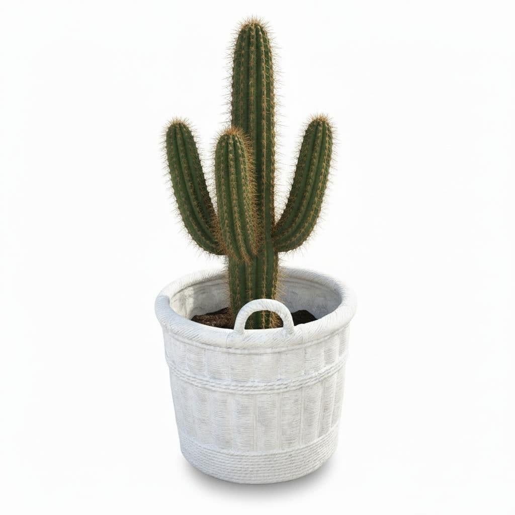 Large Pale Gray Cement Planter in the Shape of a Double Handled Wicker Gathering Basket - Thumbnail 6