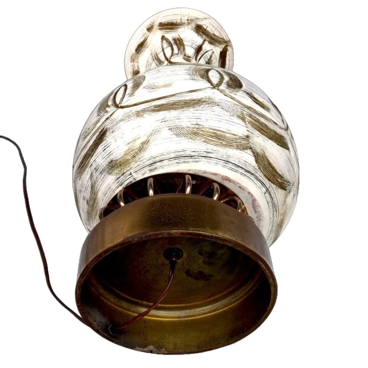 1970s Mid-Century Danish Modern Olive on Cream Sgraffito Ceramic and Brass Table Lamp - Thumbnail 9