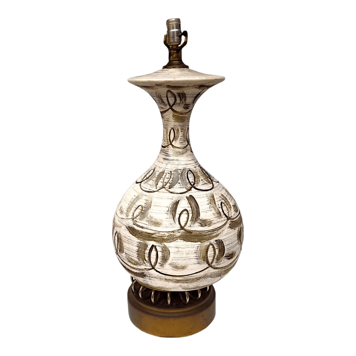 1970s Mid-Century Danish Modern Olive on Cream Sgraffito Ceramic and Brass Table Lamp - Thumbnail 2