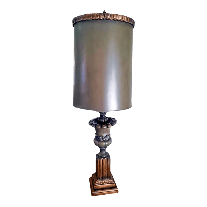 1970s Mid-Century Towering Green Toned Parcel Gilt Empire/Regency Table Lamp - Thumbnail 2