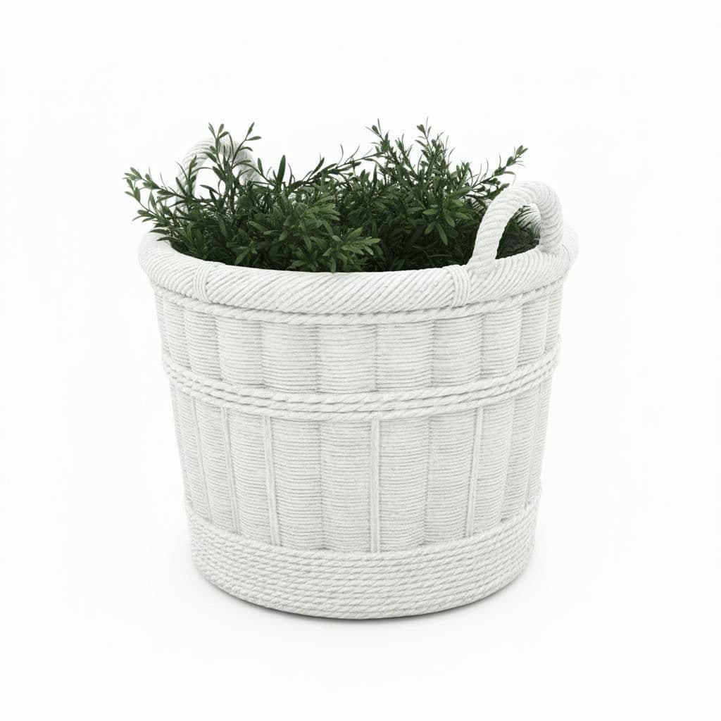 Large Pale Gray Cement Planter in the Shape of a Double Handled Wicker Gathering Basket - Thumbnail 5