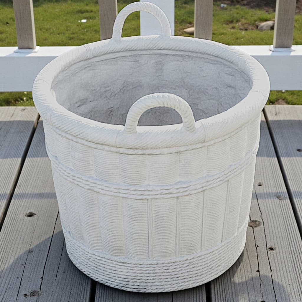 Large Pale Gray Cement Planter in the Shape of a Double Handled Wicker Gathering Basket - Thumbnail 3
