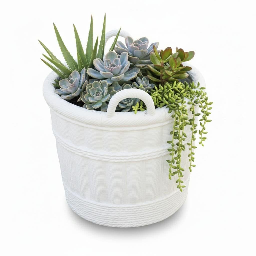 Large Pale Gray Cement Planter in the Shape of a Double Handled Wicker Gathering Basket - Thumbnail 4