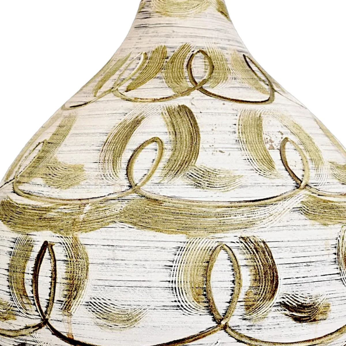 1970s Mid-Century Danish Modern Olive on Cream Sgraffito Ceramic and Brass Table Lamp - Thumbnail 5