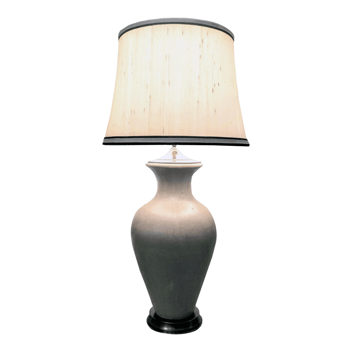 Matte Glazed Monumental Ecru Toned Clay Urn Shaped Table Lamp & Banded Ivory Lamp Shade - Thumbnail 2