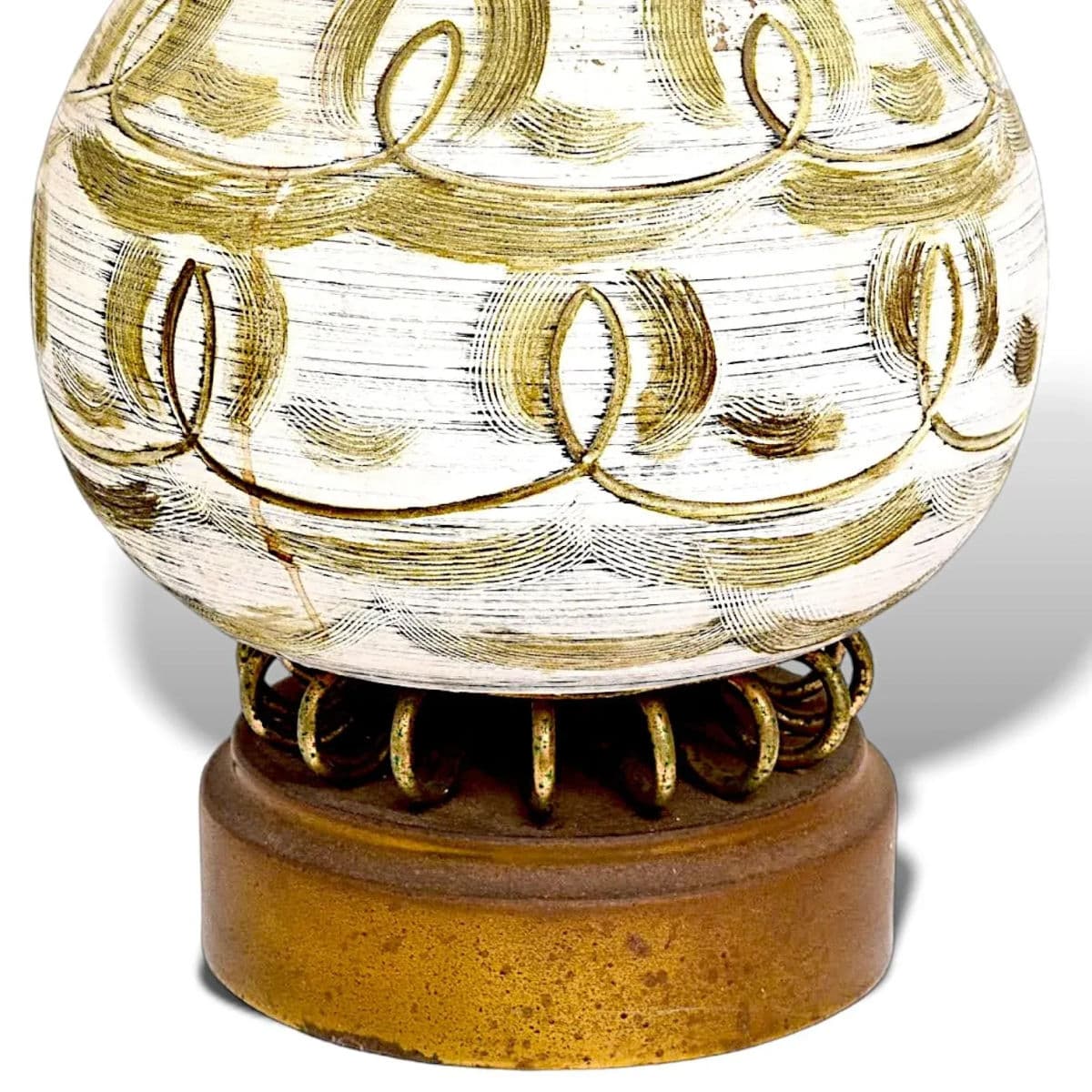 1970s Mid-Century Danish Modern Olive on Cream Sgraffito Ceramic and Brass Table Lamp - Thumbnail 4