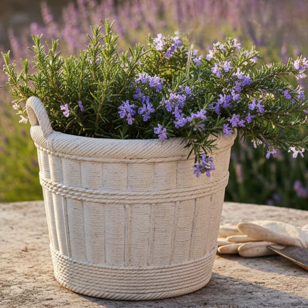 Large Pale Gray Cement Planter in the Shape of a Double Handled Wicker Gathering Basket - Thumbnail 8