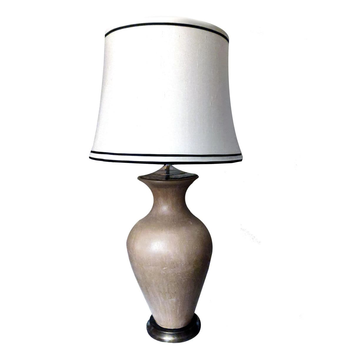 Matte Glazed Monumental Ecru Toned Clay Urn Shaped Table Lamp & Banded Ivory Lamp Shade - Thumbnail 3