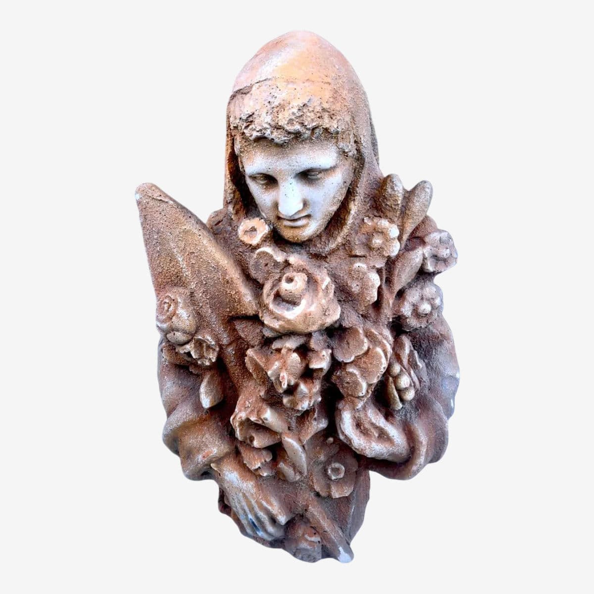 Late 19th Century Italy Solid Sandstone Bust of Woman With Flowers and a Palm Branch - Image 1