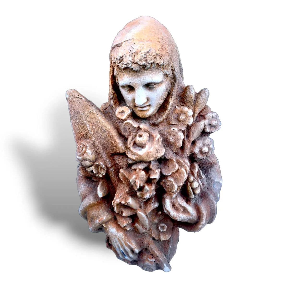 Late 19th Century Italy Solid Sandstone Bust of Woman With Flowers and a Palm Branch - Thumbnail 6