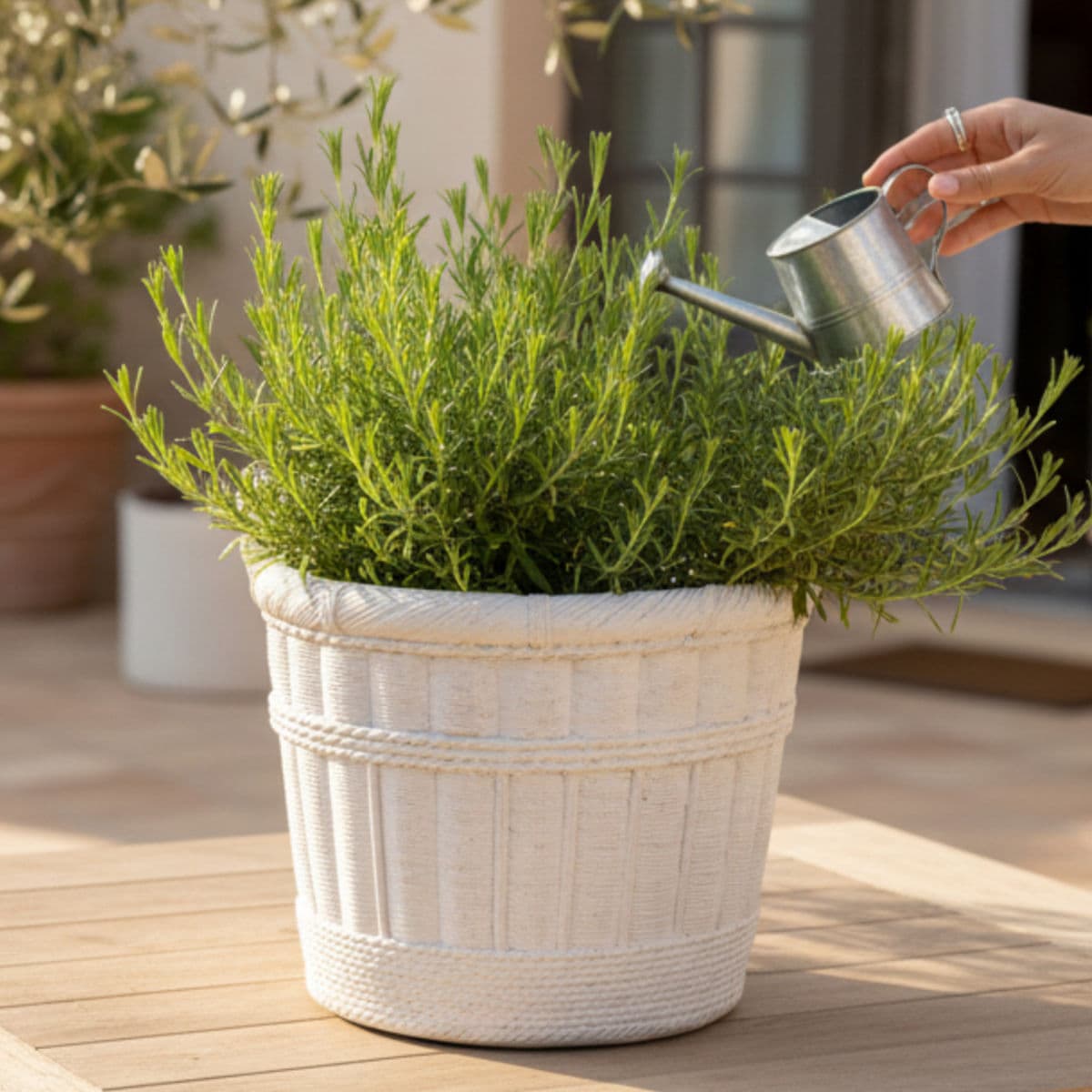 Large Pale Gray Cement Planter in the Shape of a Double Handled Wicker Gathering Basket - Thumbnail 11