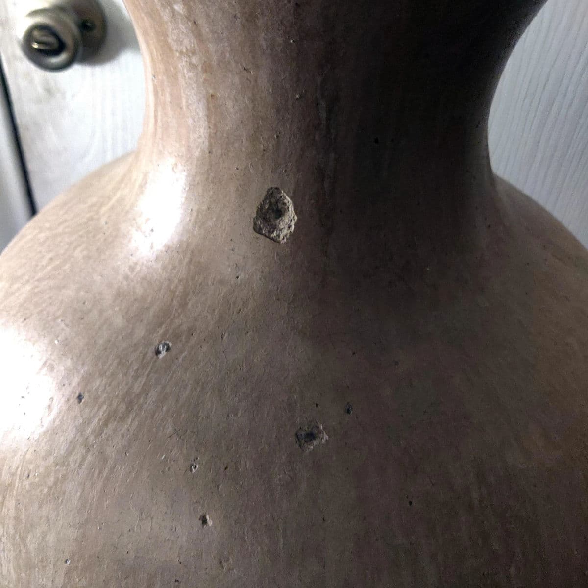 Matte Glazed Monumental Ecru Toned Clay Urn Shaped Table Lamp & Banded Ivory Lamp Shade - Thumbnail 8