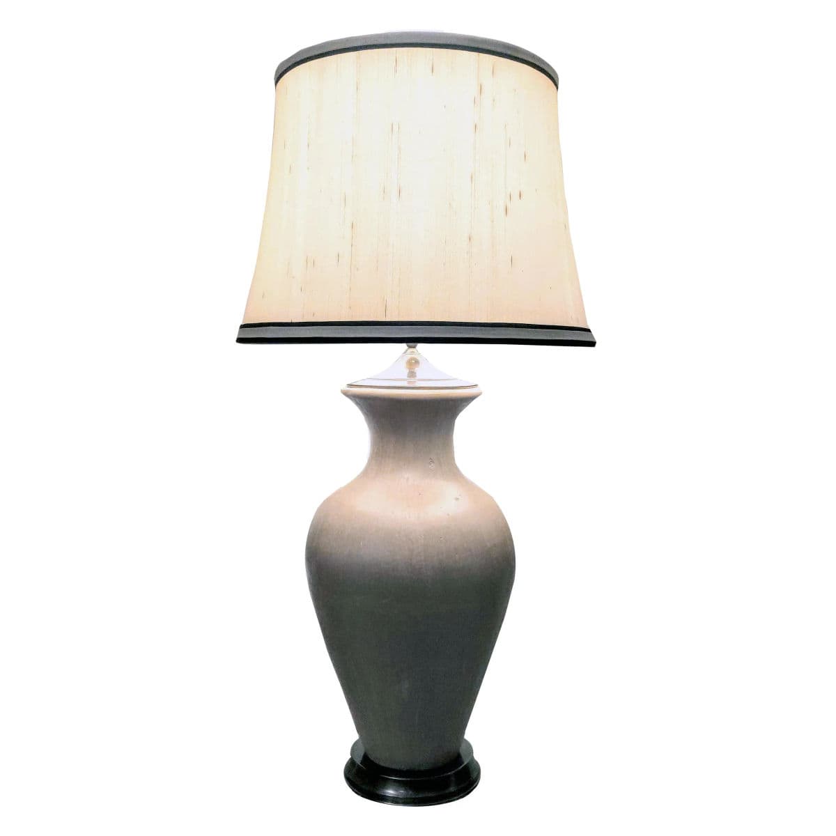 Matte Glazed Monumental Ecru Toned Clay Urn Shaped Table Lamp & Banded Ivory Lamp Shade - Thumbnail 13