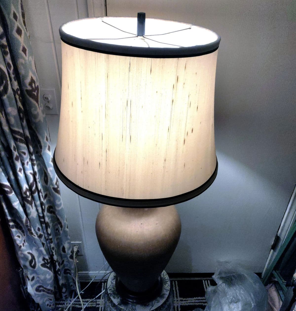 Matte Glazed Monumental Ecru Toned Clay Urn Shaped Table Lamp & Banded Ivory Lamp Shade - Thumbnail 5