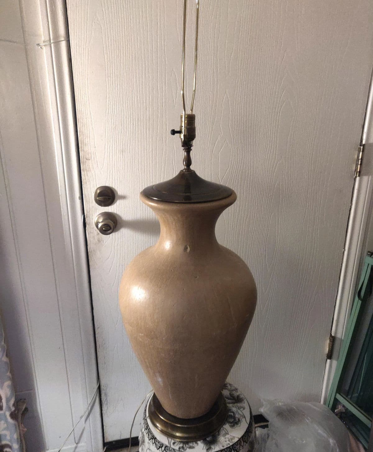 Matte Glazed Monumental Ecru Toned Clay Urn Shaped Table Lamp & Banded Ivory Lamp Shade - Thumbnail 7