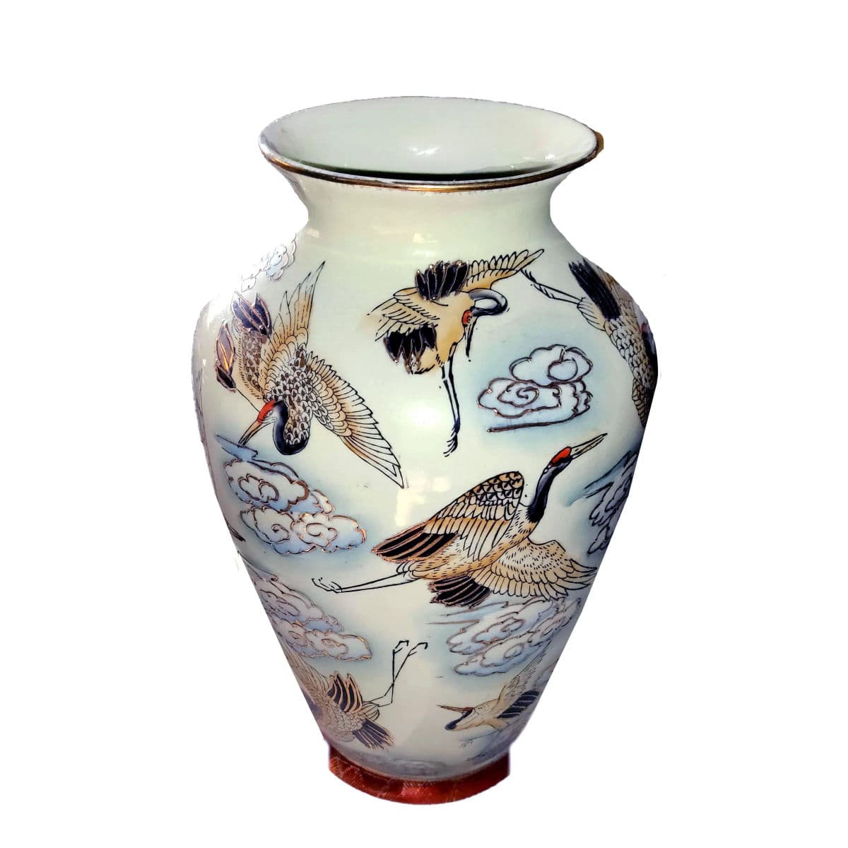 Chinese Famille Rose Polychrome Freehand Raised Cranes & Clouds Motif Porcelain Vase - Thumbnail 8