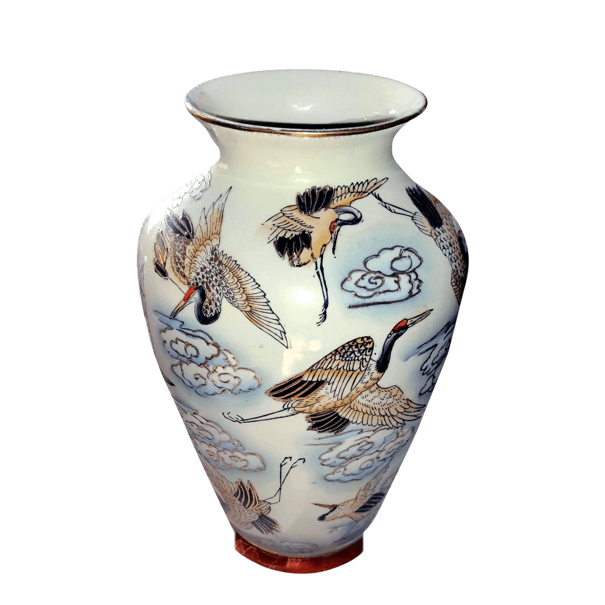 Chinese Famille Rose Polychrome Freehand Raised Cranes & Clouds Motif Porcelain Vase - Thumbnail 2