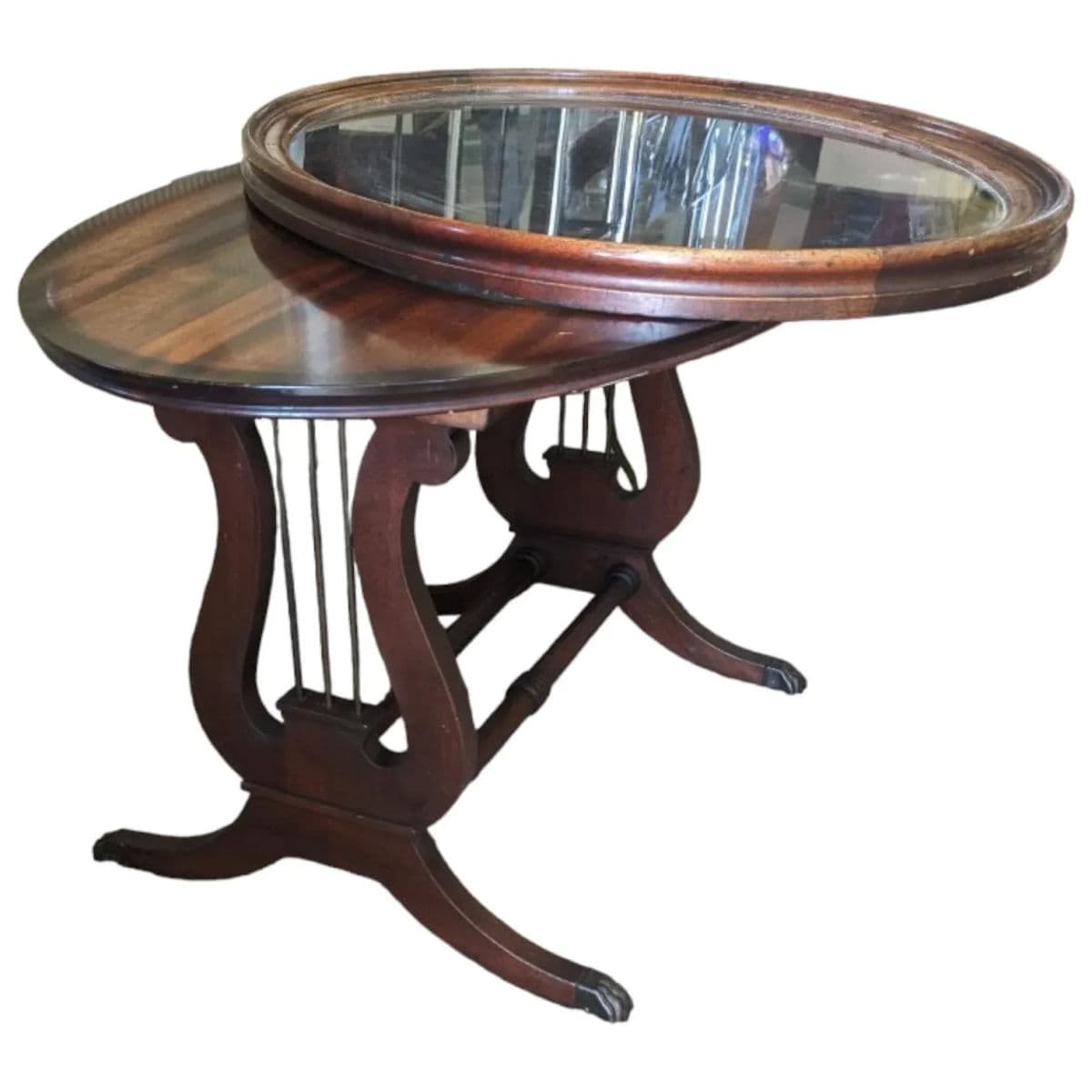 1940s American Empire Mahogany Oval Lyre Base Glass Topped Butler Tray Table - Thumbnail 3